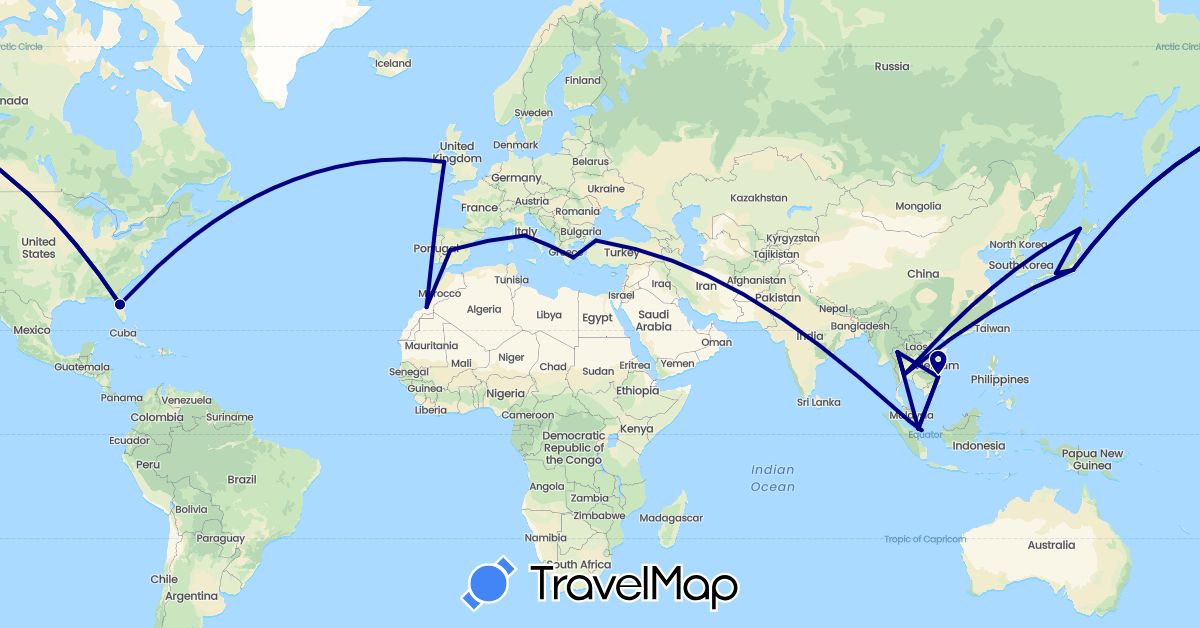 TravelMap itinerary: driving in Spain, Greece, Indonesia, Ireland, Italy, Japan, Morocco, Malaysia, Singapore, Thailand, Turkey, United States, Vietnam (Africa, Asia, Europe, North America)